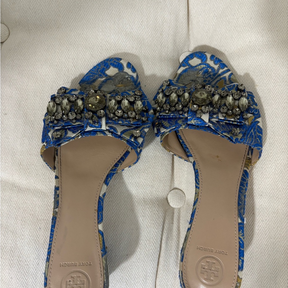Tory Burch Blue and Silver Embellished Heels
